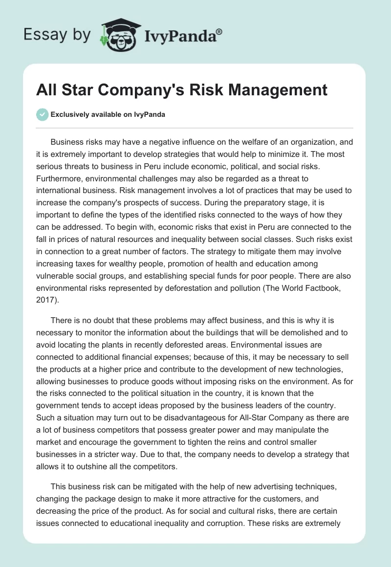 All Star Company's Risk Management. Page 1