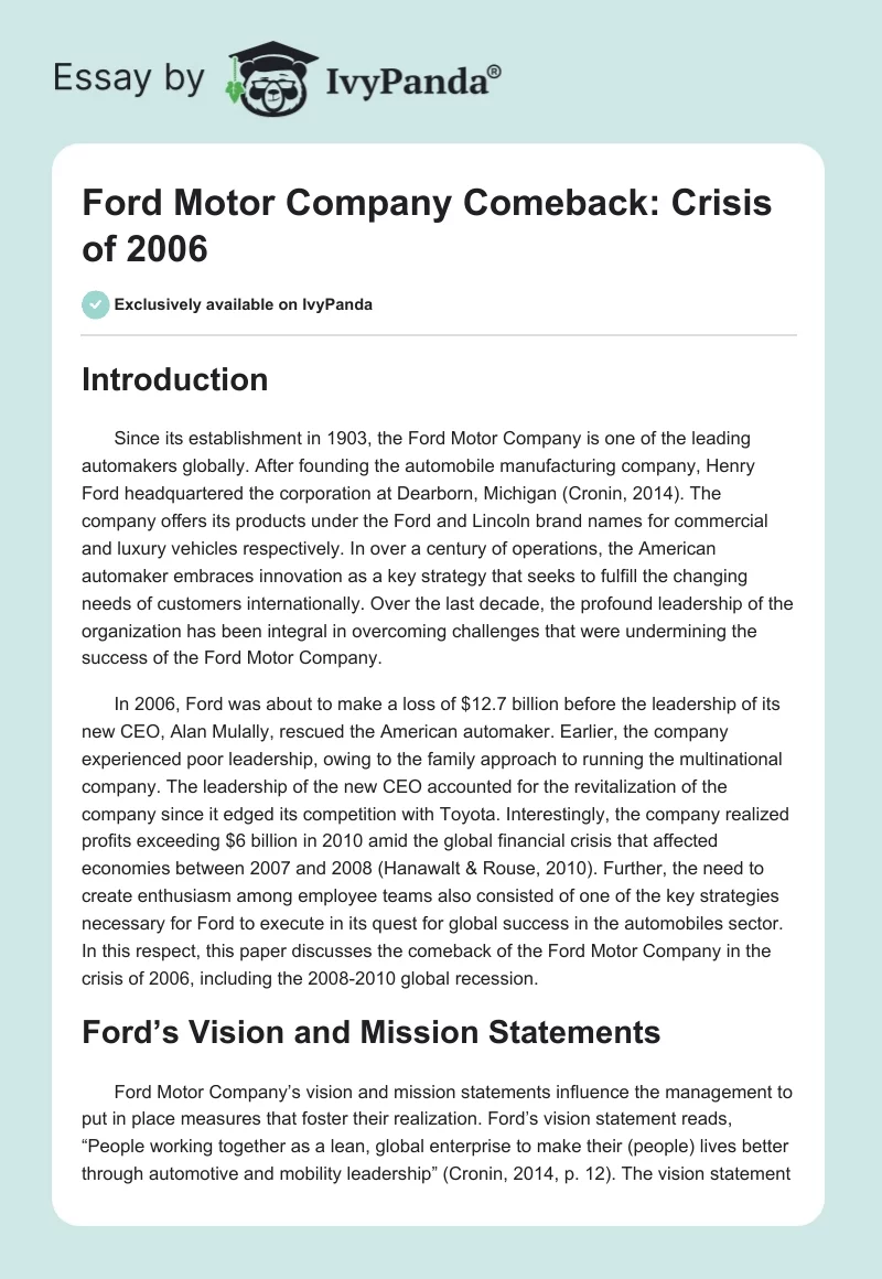 Ford Motor Company Comeback: Crisis of 2006. Page 1