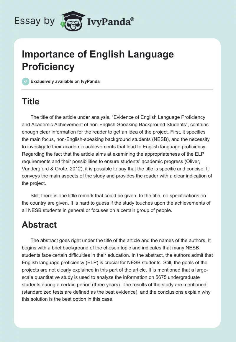 Importance of English Language Proficiency. Page 1