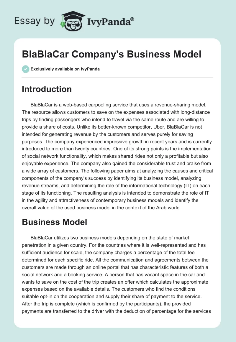 BlaBlaCar Company's Business Model. Page 1