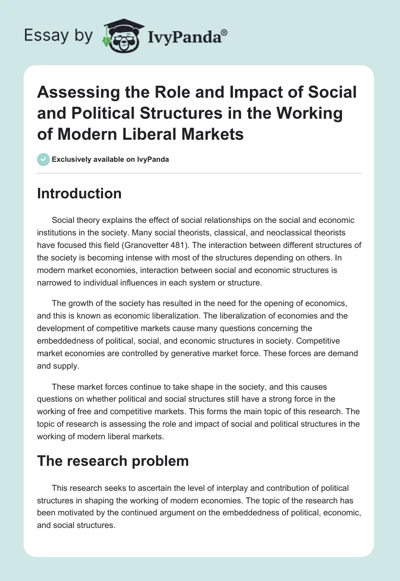 Assessing the Role and Impact of Social and Political Structures in the Working of Modern Liberal Markets. Page 1