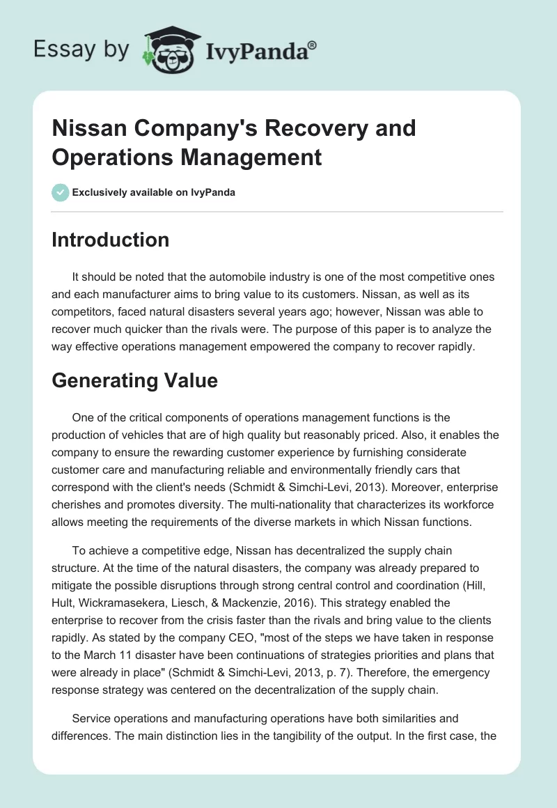 Nissan Company's Recovery and Operations Management. Page 1
