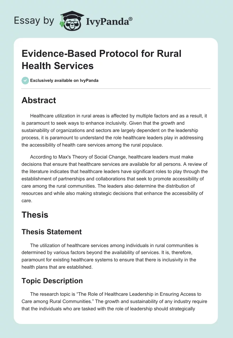 Evidence-Based Protocol for Rural Health Services. Page 1