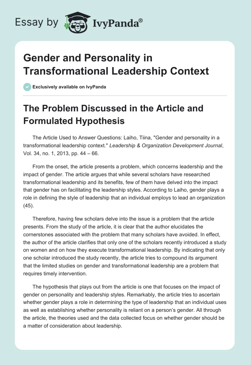 Gender and Personality in Transformational Leadership Context. Page 1