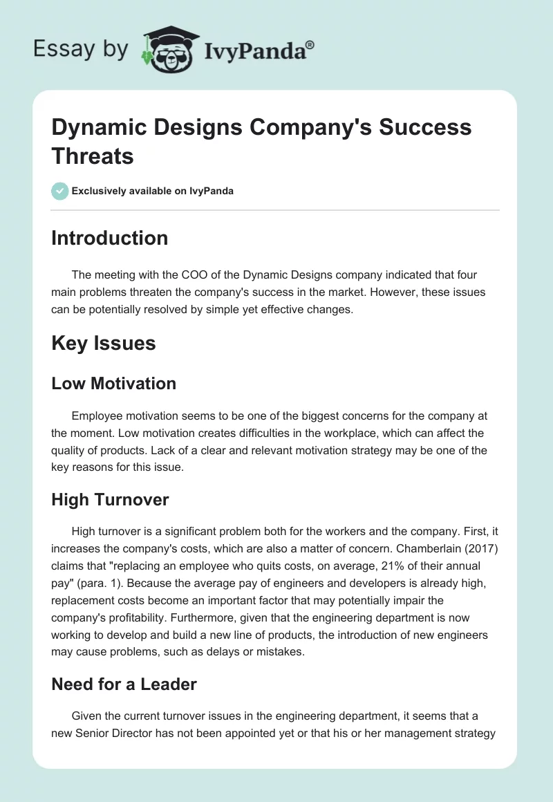 Dynamic Designs Company's Success Threats. Page 1