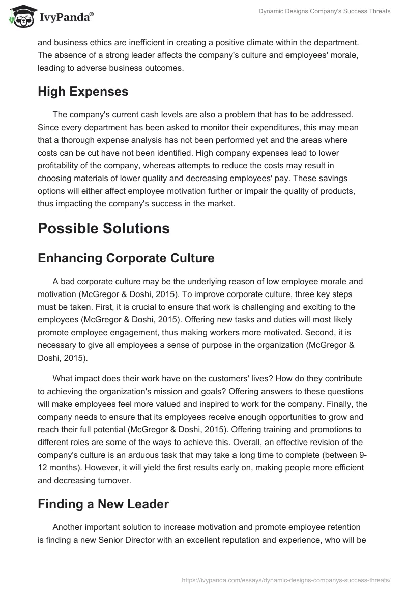 Dynamic Designs Company's Success Threats. Page 2