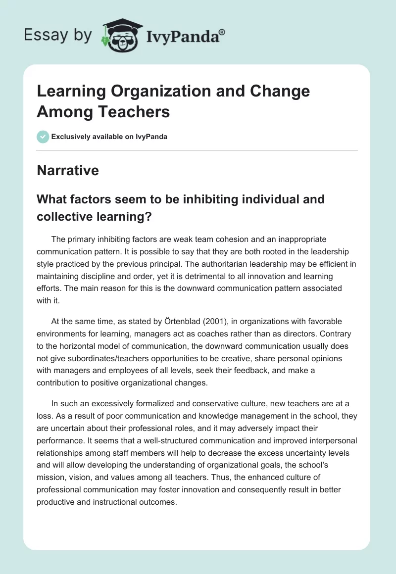 Learning Organization and Change Among Teachers. Page 1