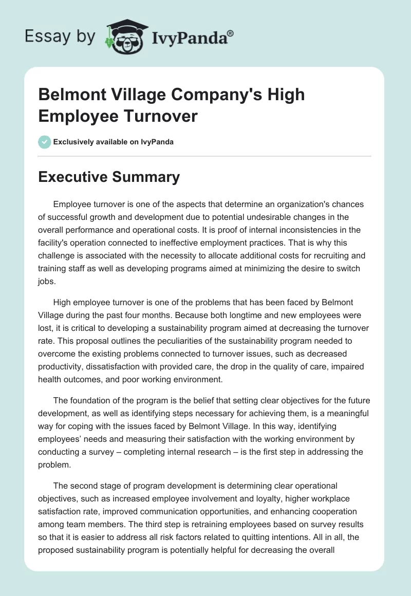 Belmont Village Company's High Employee Turnover. Page 1
