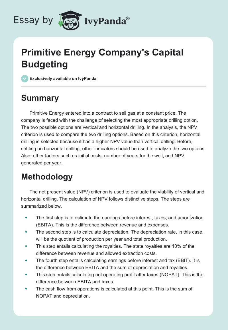 Primitive Energy Company's Capital Budgeting. Page 1