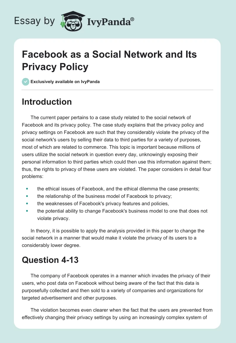 Facebook as a Social Network and Its Privacy Policy. Page 1