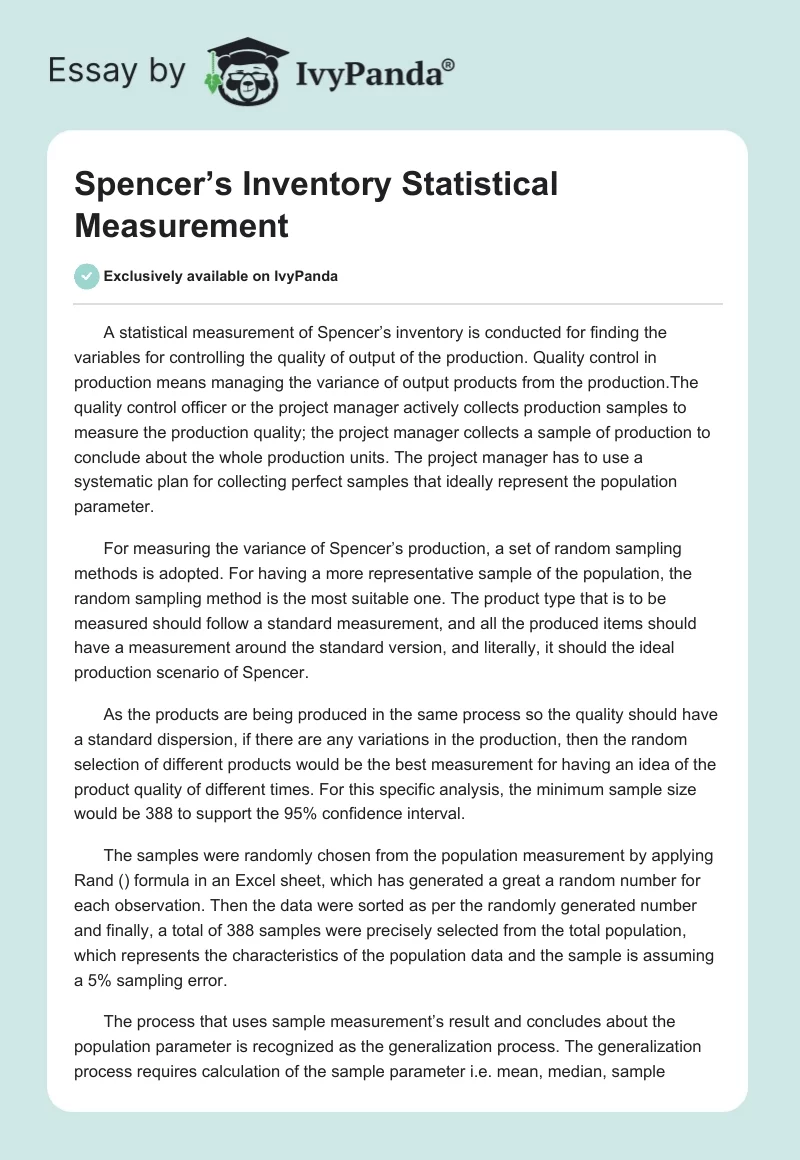 Spencer’s Inventory Statistical Measurement. Page 1