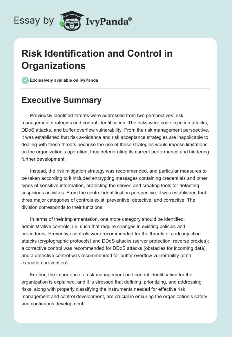 Risk Identification and Control in Organizations. Page 1
