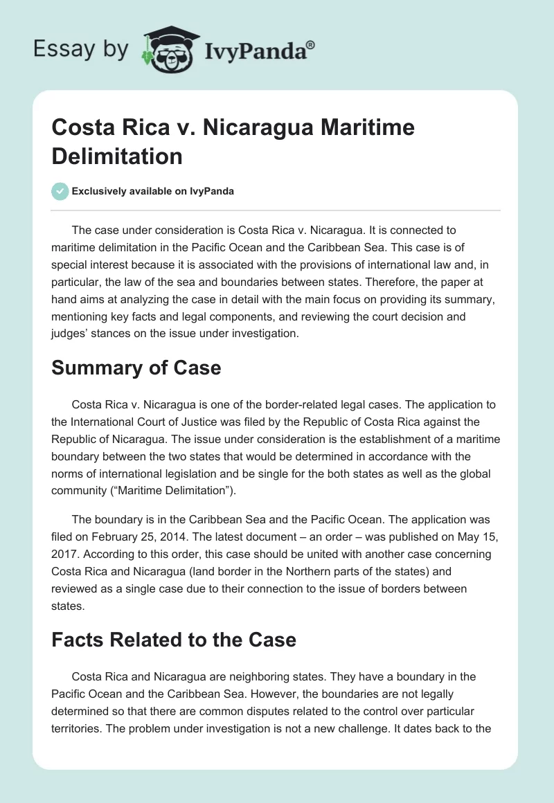 Costa Rica v. Nicaragua Maritime Delimitation. Page 1