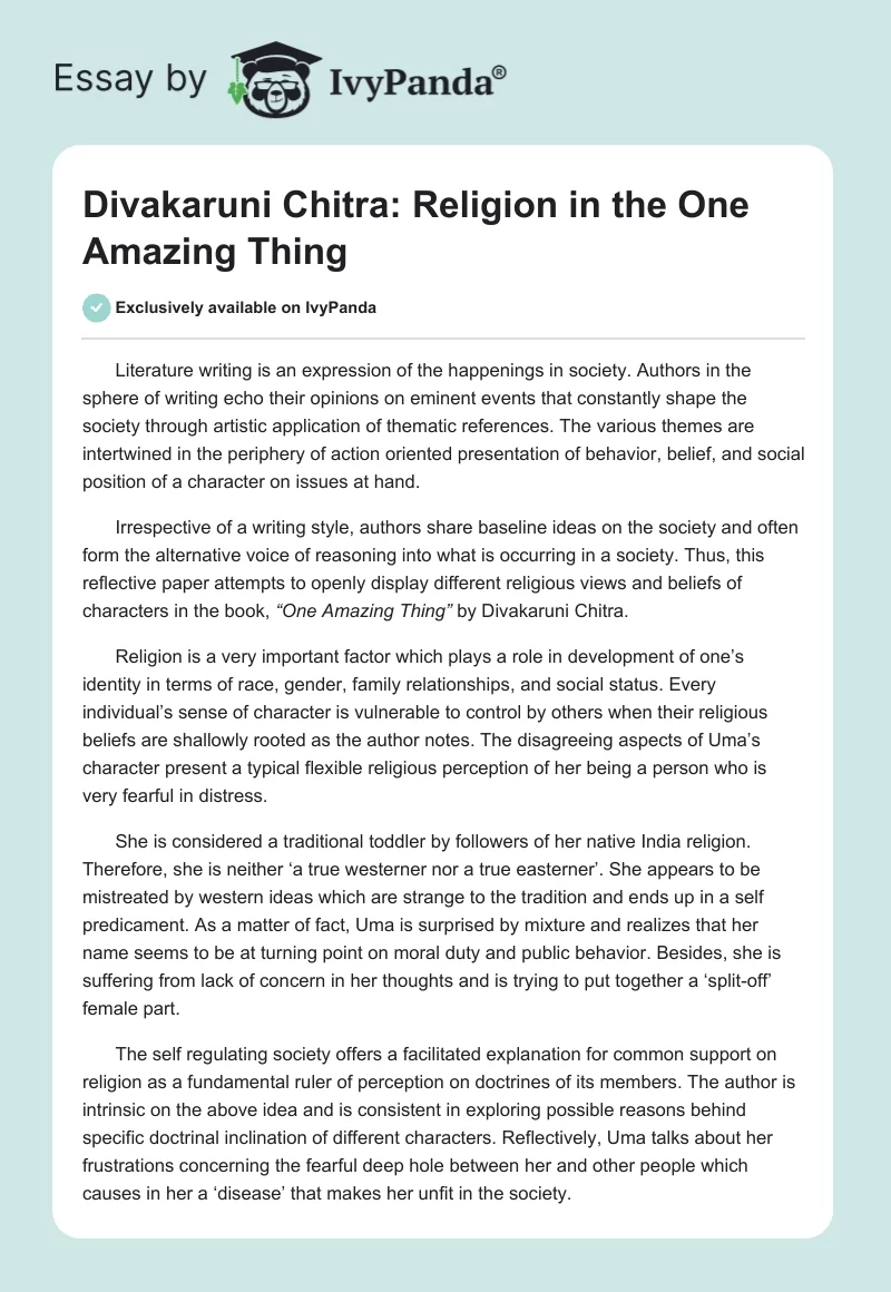 Divakaruni Chitra: Religion in the "One Amazing Thing". Page 1