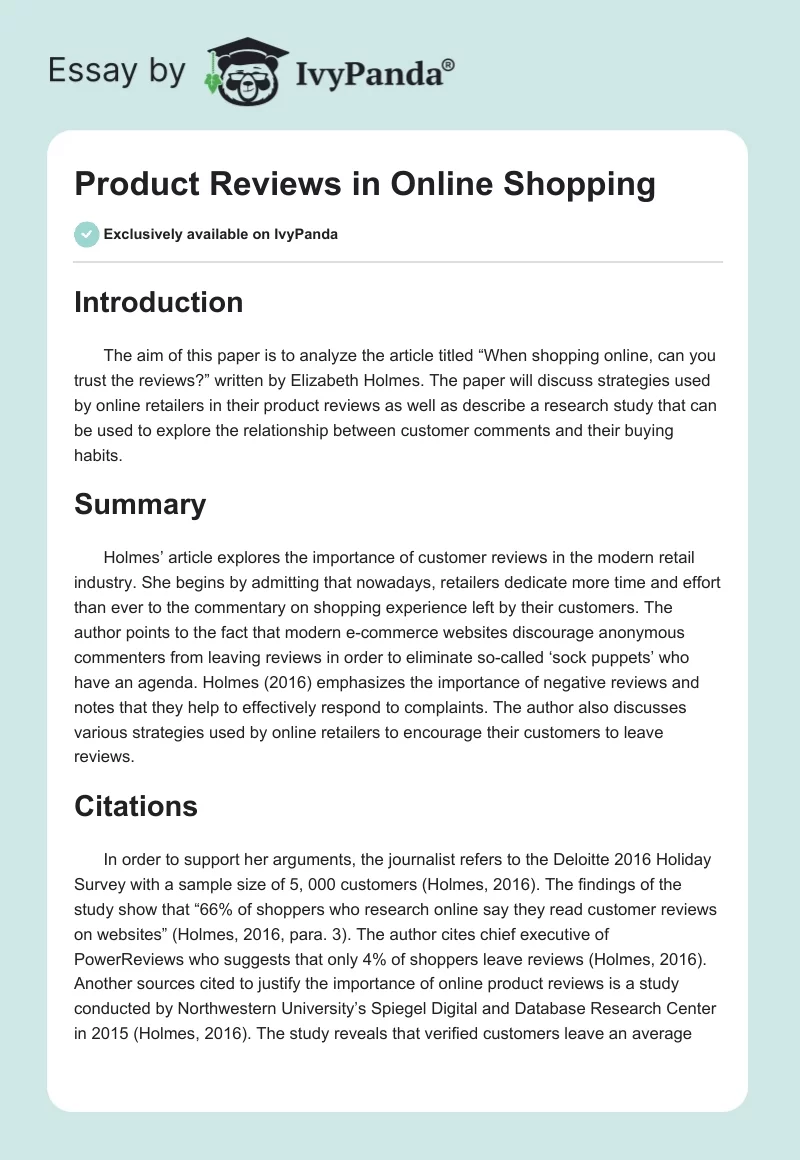 Product Reviews in Online Shopping. Page 1