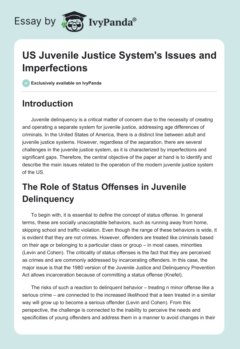 US Juvenile Justice System's Issues and Imperfections. Page 1