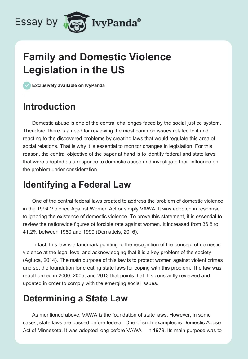 Family and Domestic Violence Legislation in the US. Page 1