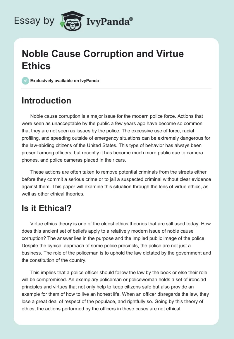 Noble Cause Corruption and Virtue Ethics. Page 1