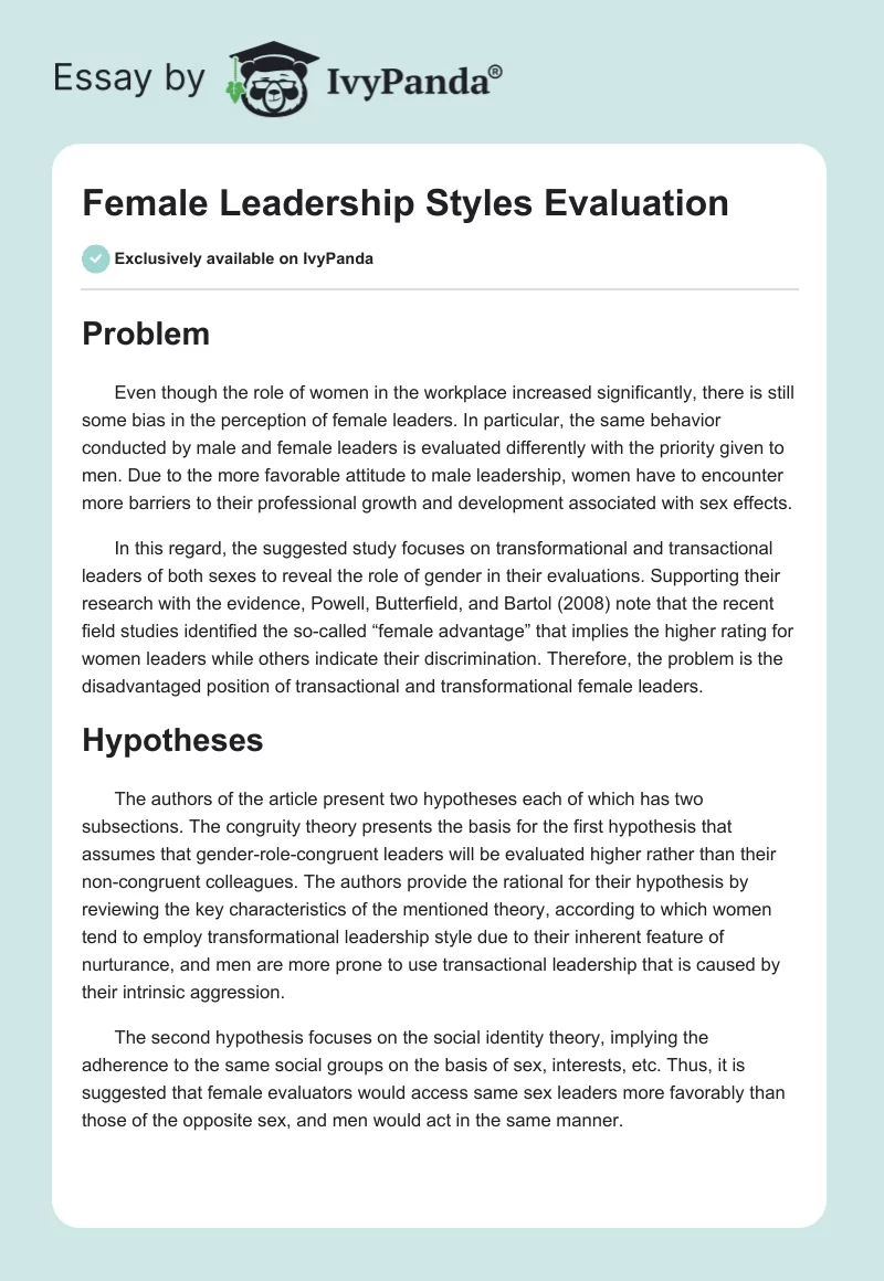Female Leadership Styles Evaluation. Page 1