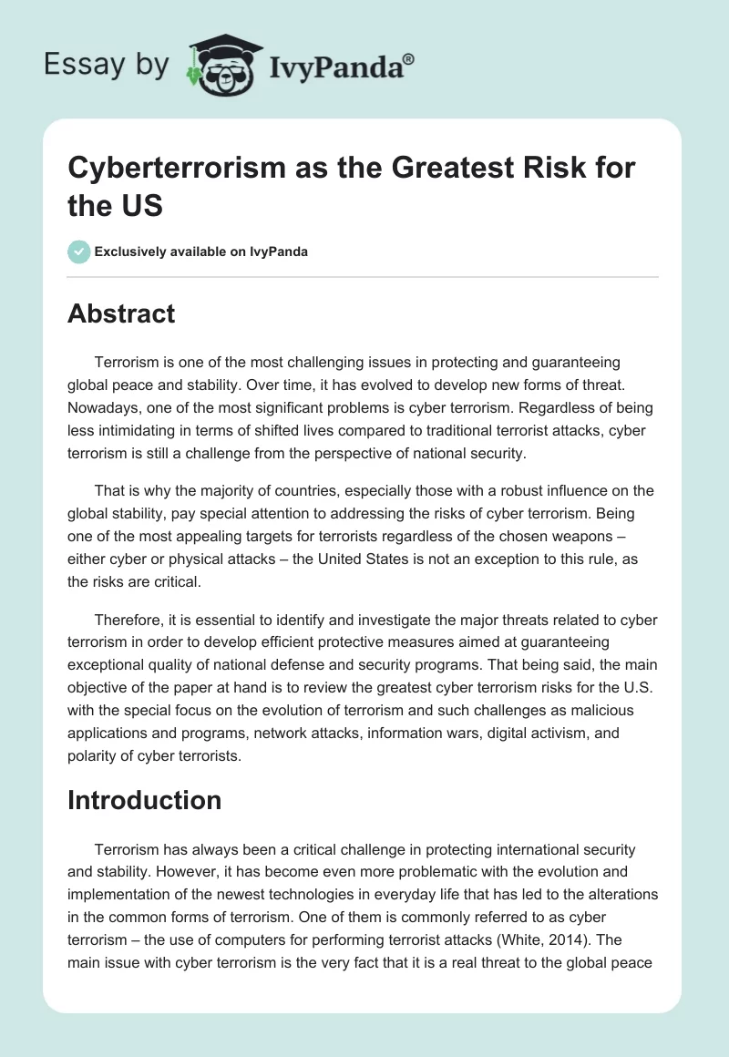 Cyberterrorism as the Greatest Risk for the US. Page 1
