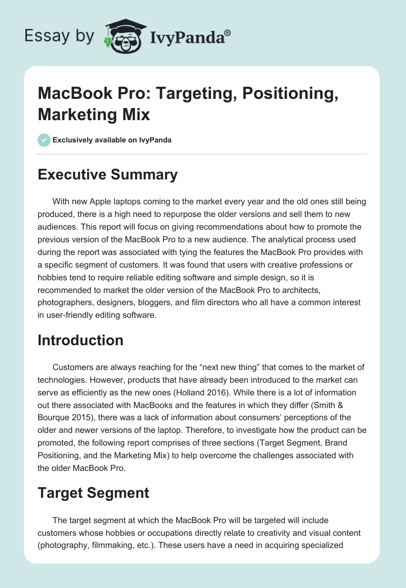 MacBook Pro: Targeting, Positioning, Marketing Mix. Page 1