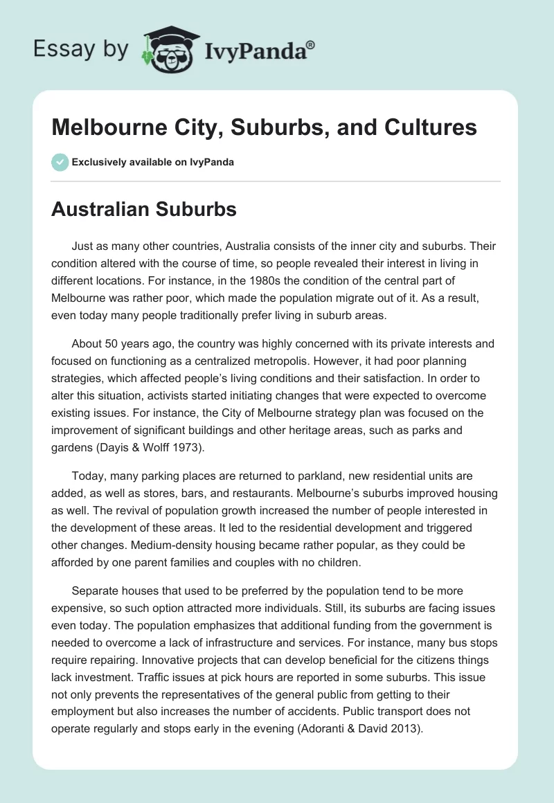 Melbourne City, Suburbs, and Cultures. Page 1
