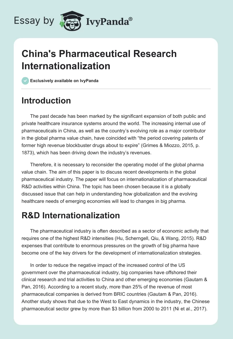 China's Pharmaceutical Research Internationalization. Page 1