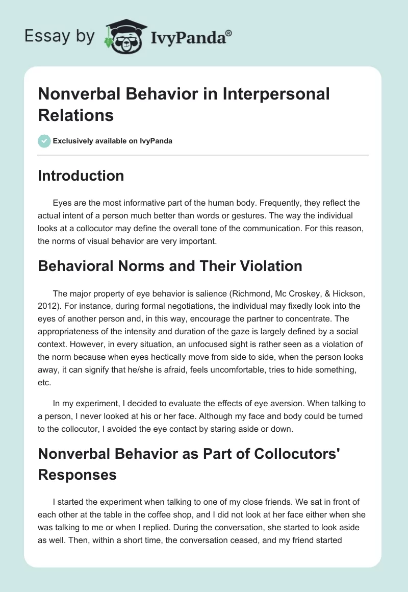 Nonverbal Behavior in Interpersonal Relations. Page 1