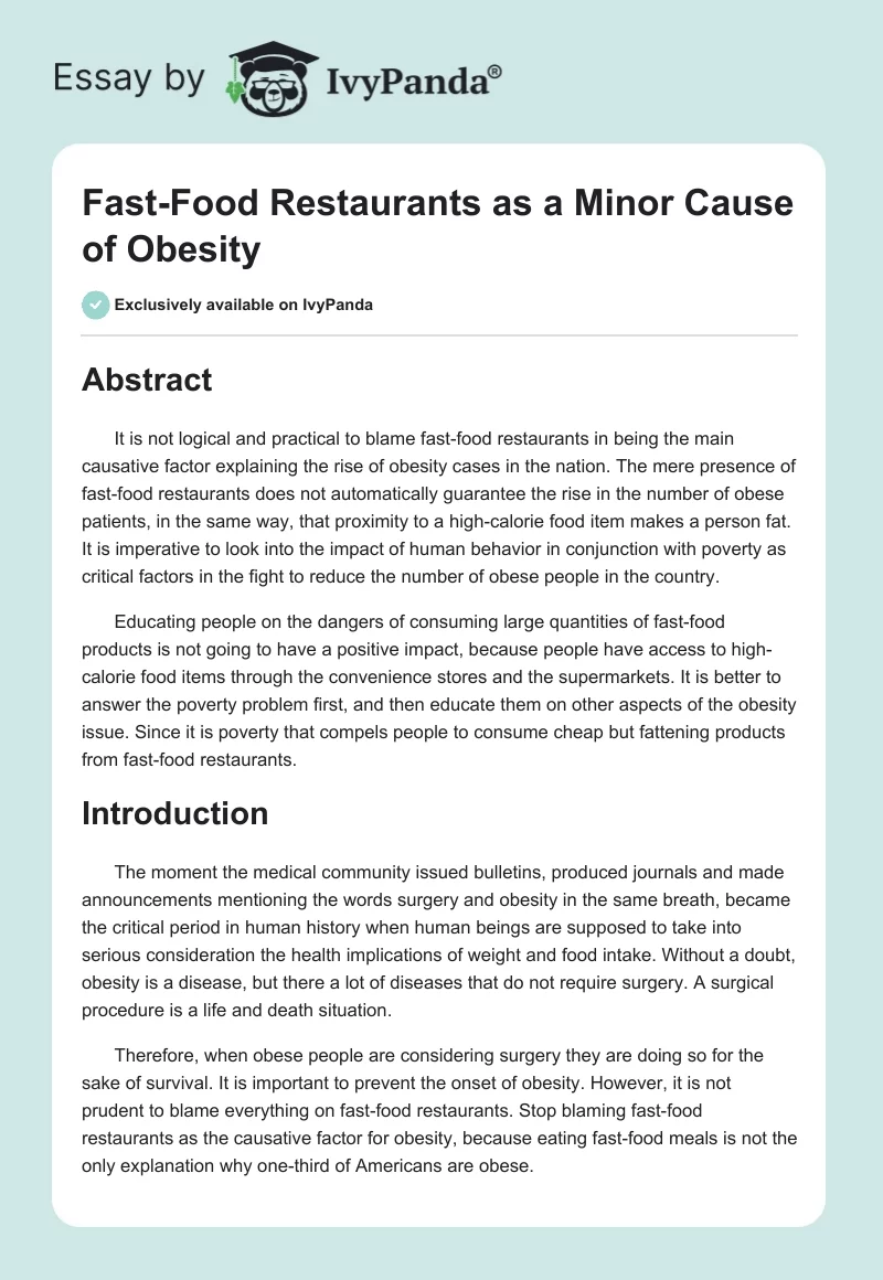 Fast-Food Restaurants as a Minor Cause of Obesity. Page 1