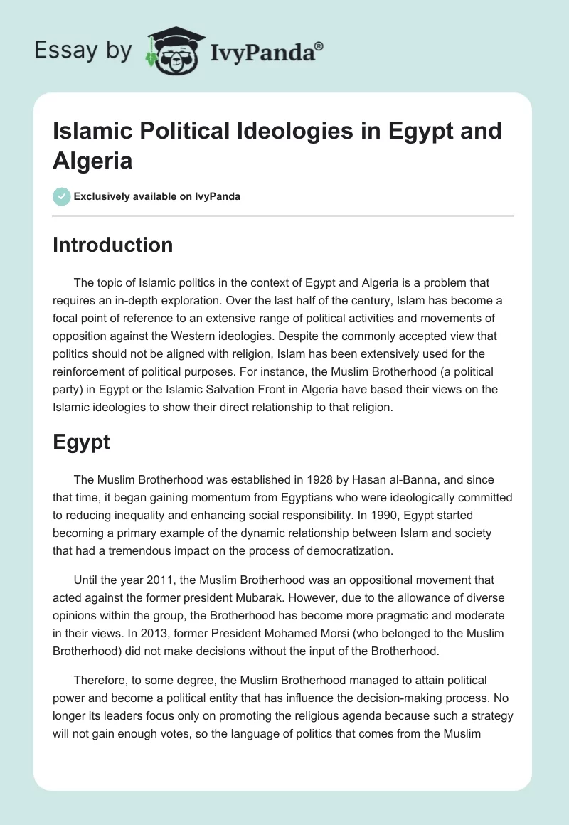 Islamic Political Ideologies in Egypt and Algeria. Page 1