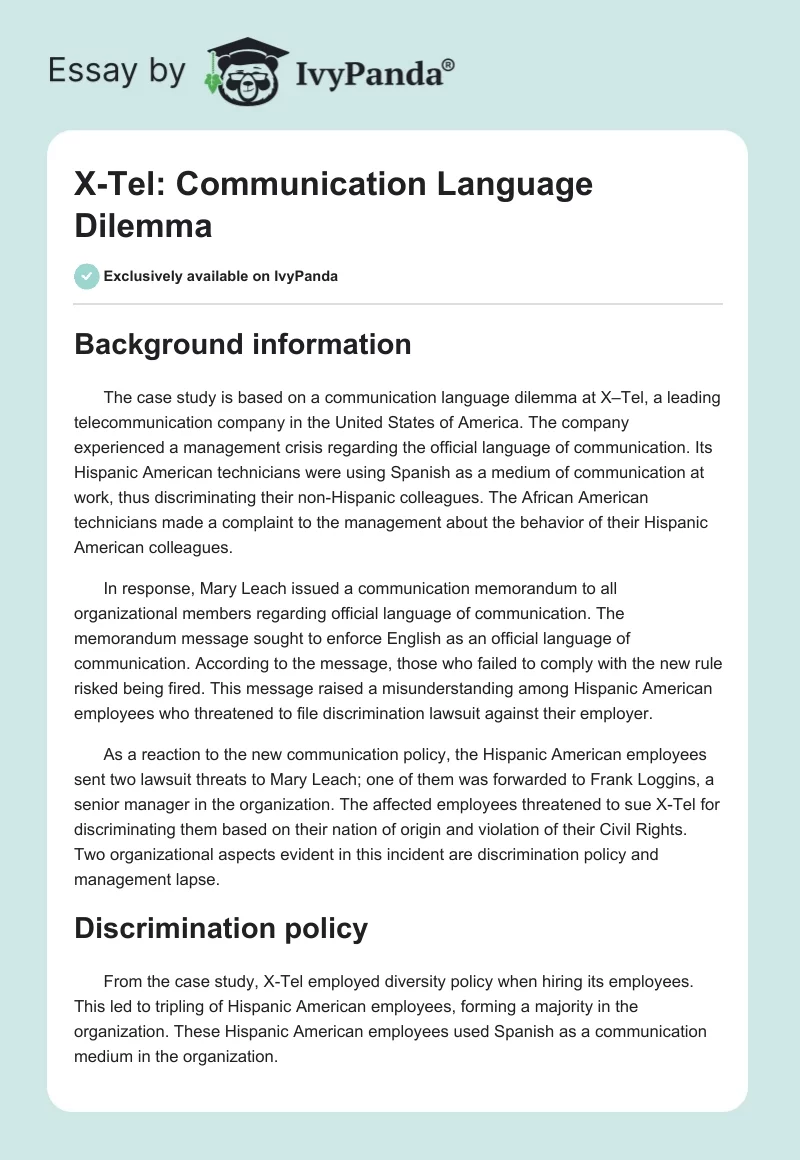 X-Tel: Communication Language Dilemma. Page 1