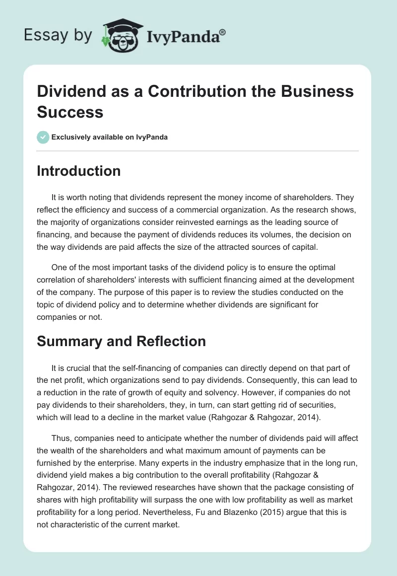 Dividend as a Contribution the Business Success. Page 1
