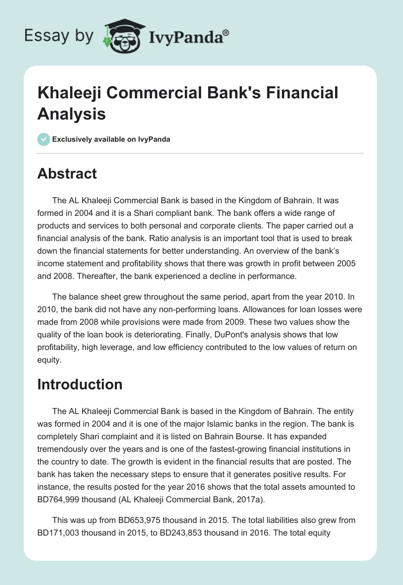 Khaleeji Commercial Bank's Financial Analysis. Page 1