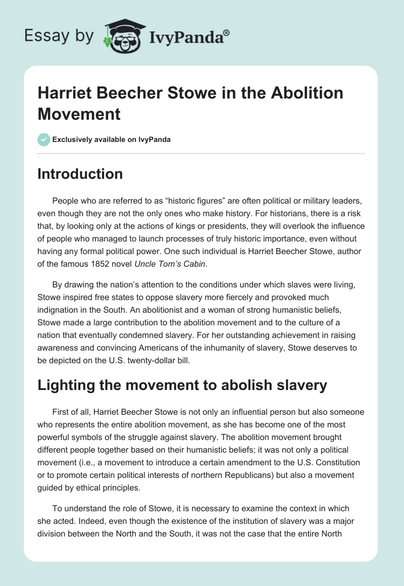 Harriet Beecher Stowe in the Abolition Movement. Page 1