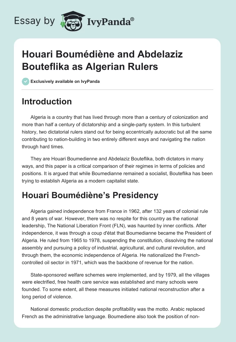 Houari Boumédiène and Abdelaziz Bouteflika as Algerian Rulers. Page 1