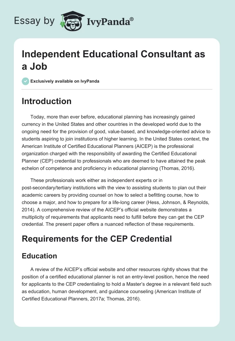 Independent Educational Consultant as a Job 1388 Words Research