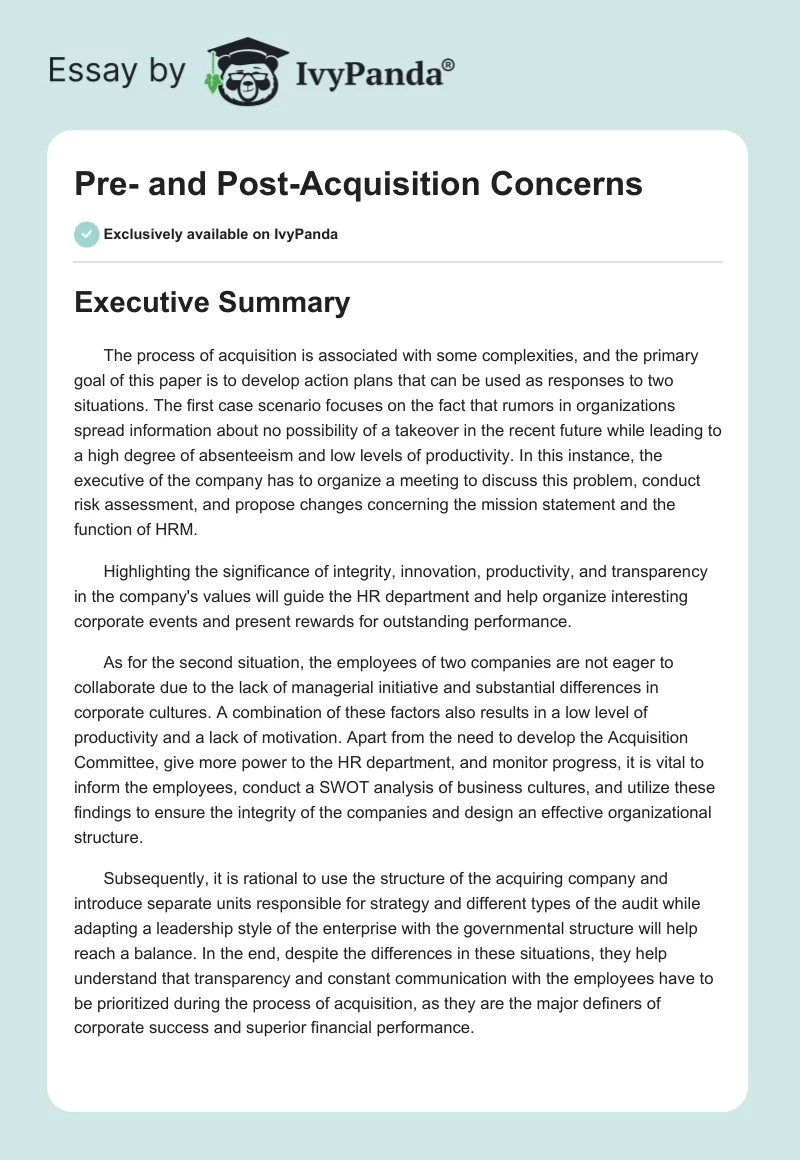 Pre- and Post-Acquisition Concerns. Page 1