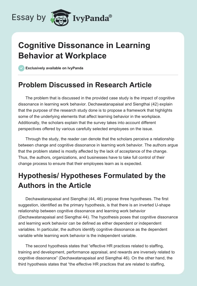 Cognitive Dissonance in Learning Behavior at Workplace. Page 1