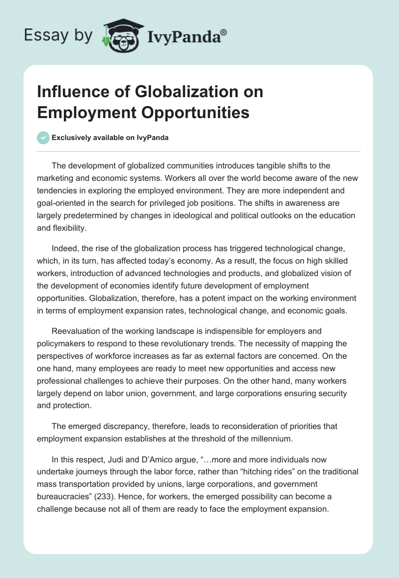 Influence of Globalization on Employment Opportunities. Page 1