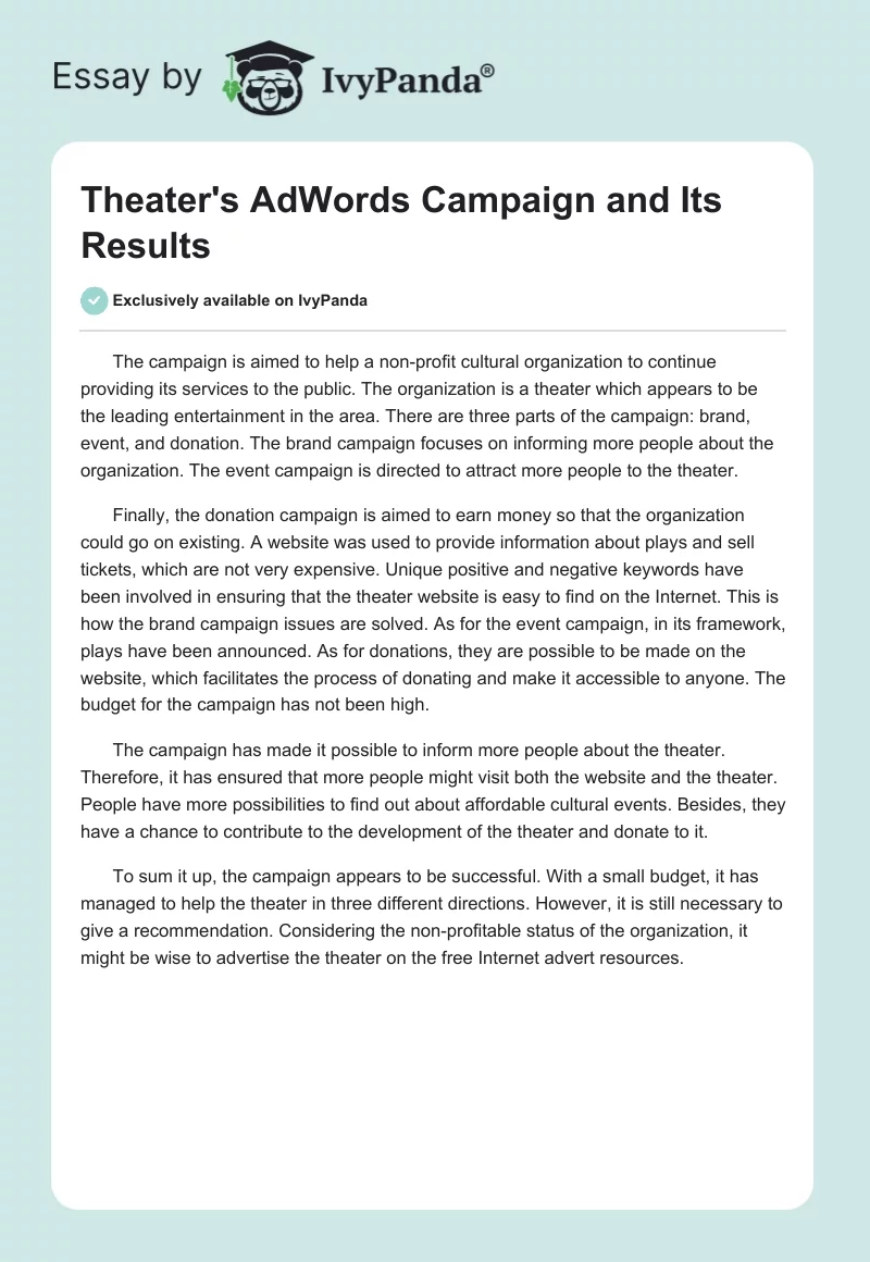 Theater's AdWords Campaign and Its Results. Page 1