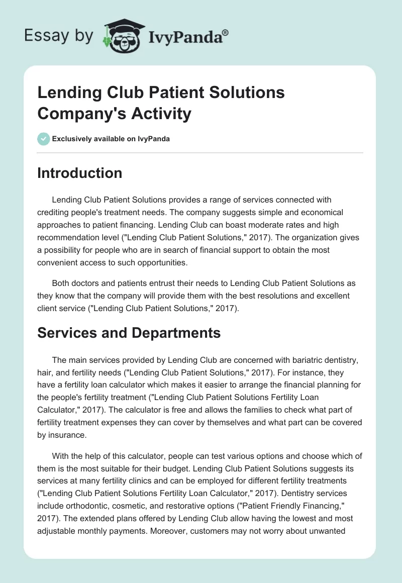 Lending Club Patient Solutions Company's Activity. Page 1