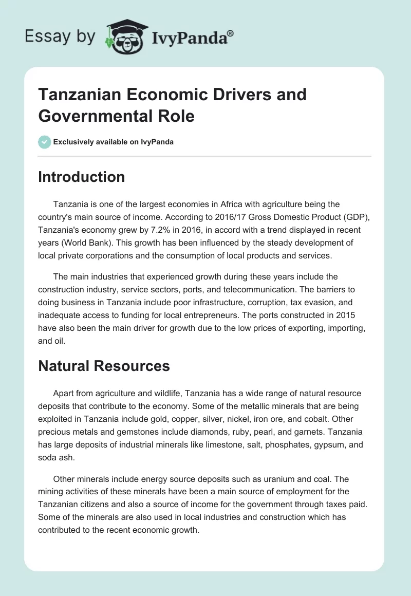 Tanzanian Economic Drivers and Governmental Role. Page 1