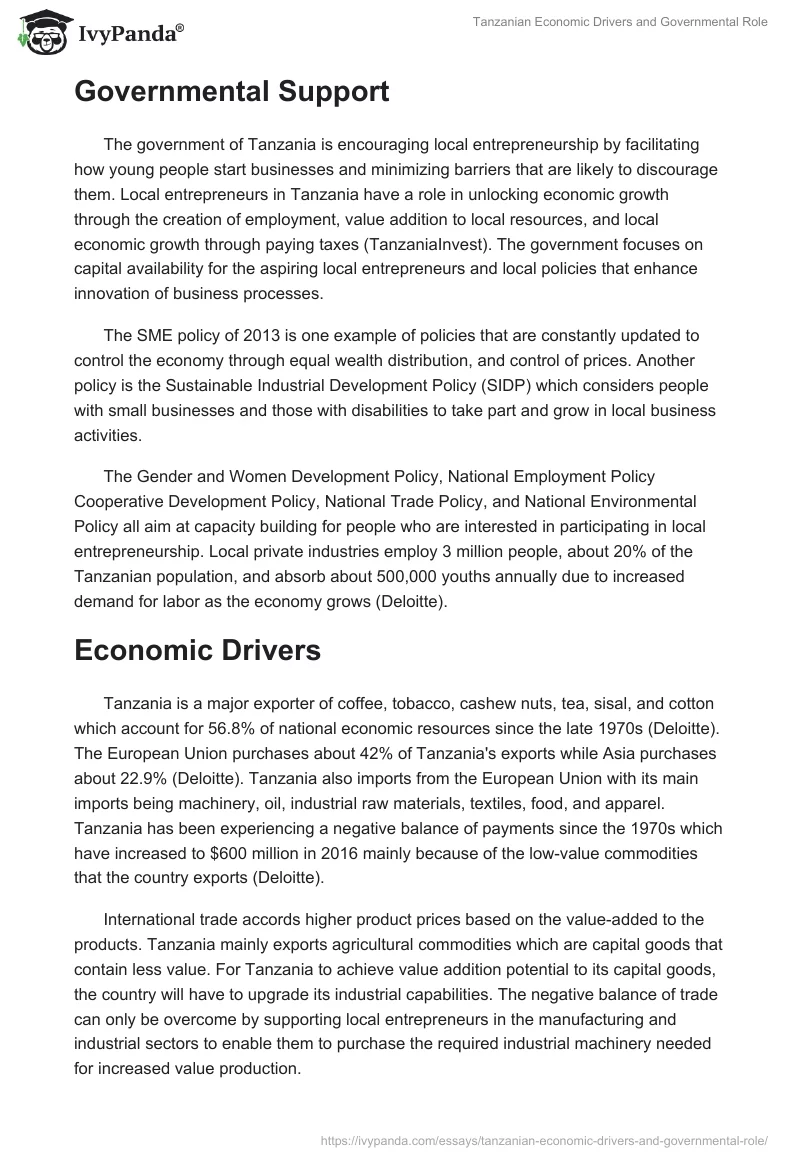Tanzanian Economic Drivers and Governmental Role. Page 2
