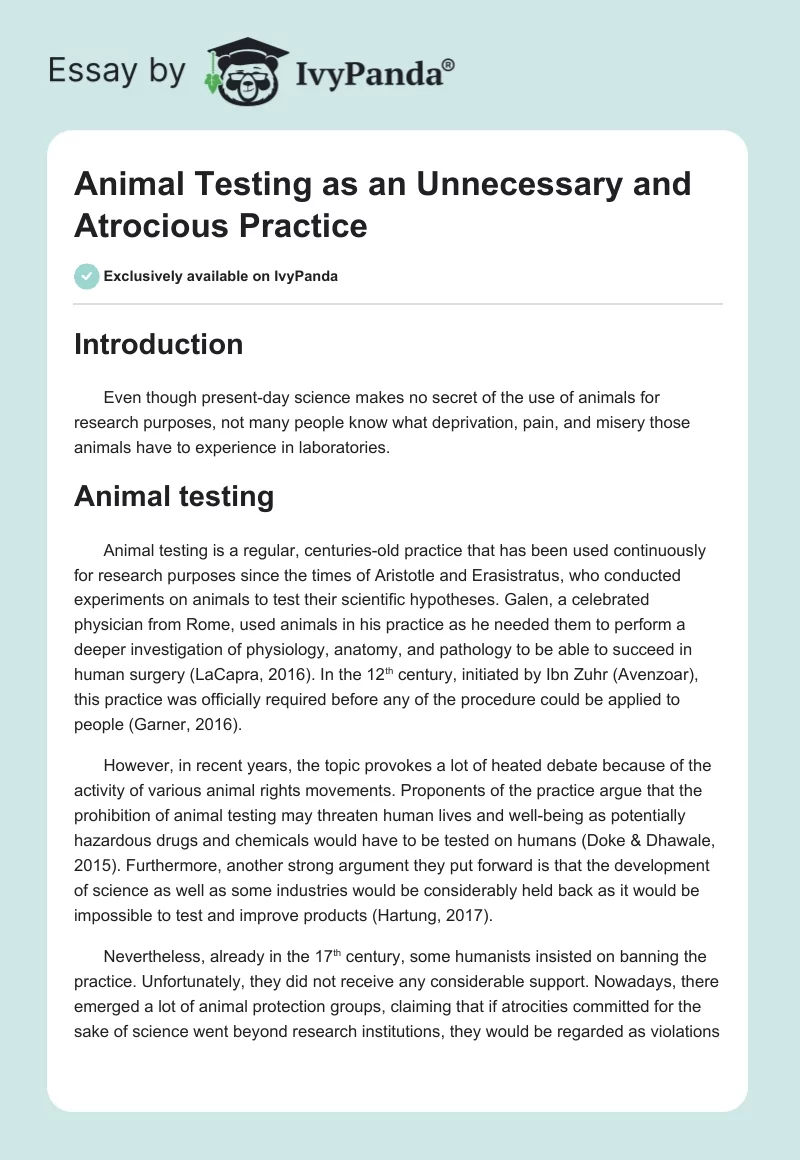 Animal Testing as an Unnecessary and Atrocious Practice. Page 1