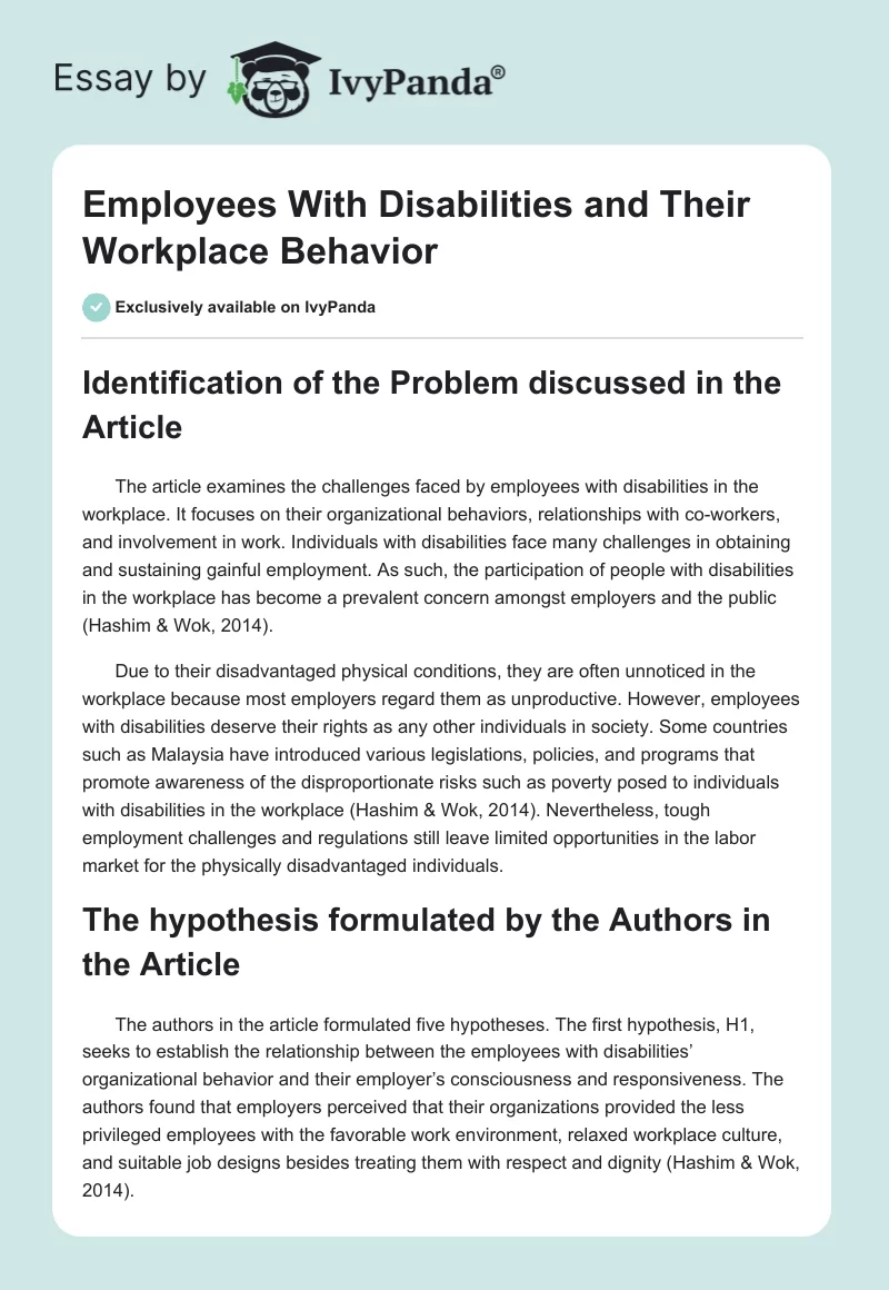 Employees With Disabilities and Their Workplace Behavior. Page 1