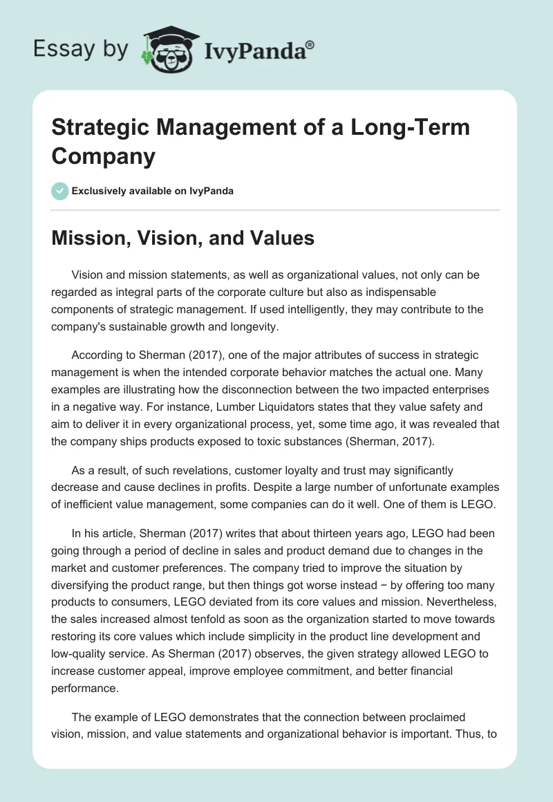 Strategic Management of a Long-Term Company. Page 1