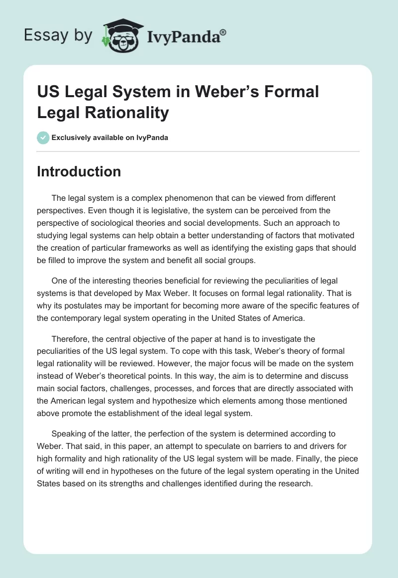 US Legal System in Weber’s Formal Legal Rationality. Page 1