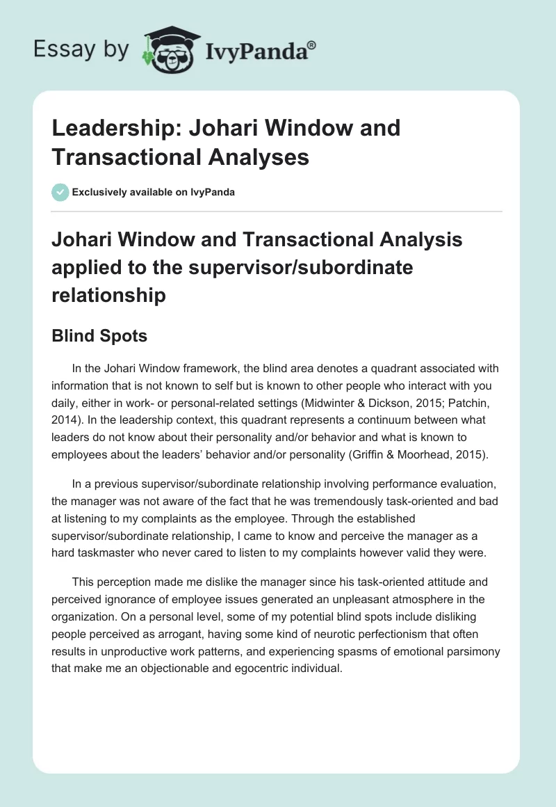 Leadership: Johari Window and Transactional Analyses. Page 1