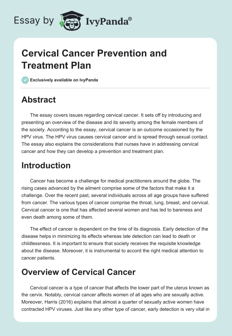 Cervical Cancer Prevention and Treatment Plan. Page 1