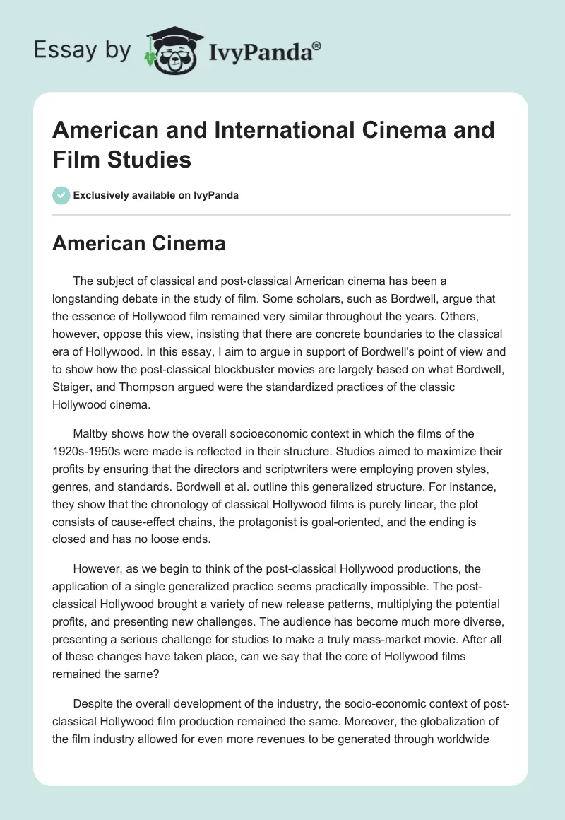 American and International Cinema and Film Studies. Page 1